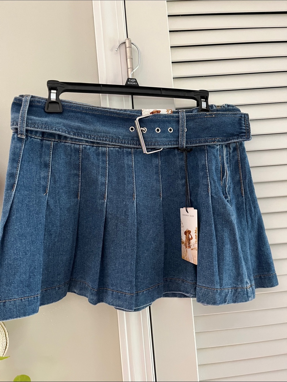 Sincerely Jules Blue Pleated Denim Mini Skirt with Belt